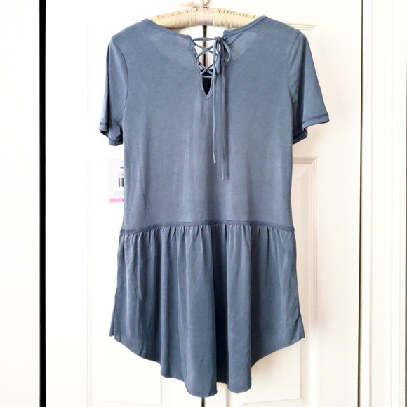 NWT, mote, Blue T Shirt Top, S, Modern Silhouette, Peplum, Lace up Back with Tie - Picture 2 of 6